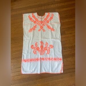 White Cotton Embroidered Shift Dress with Neon Coral Floral Detail